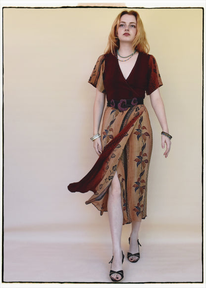 Liatris Silk Crepe Flutter Sleeve Wrap Dress ~ Burgundy XS