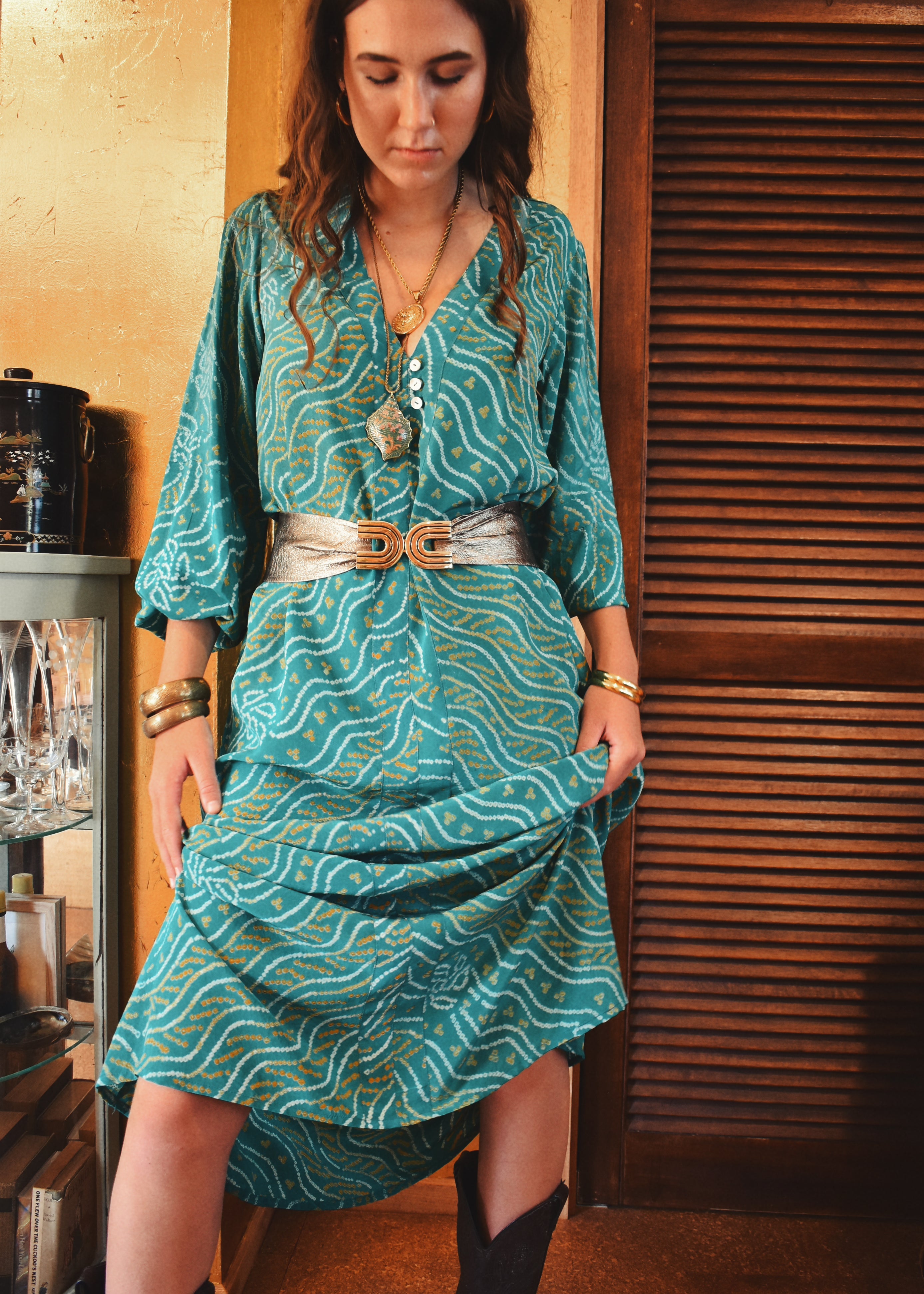 Zea Silk Crepe Kaftan Maxi Dress ~  Cascade M