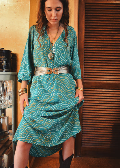 Zea Silk Crepe Kaftan Maxi Dress ~  Cascade M