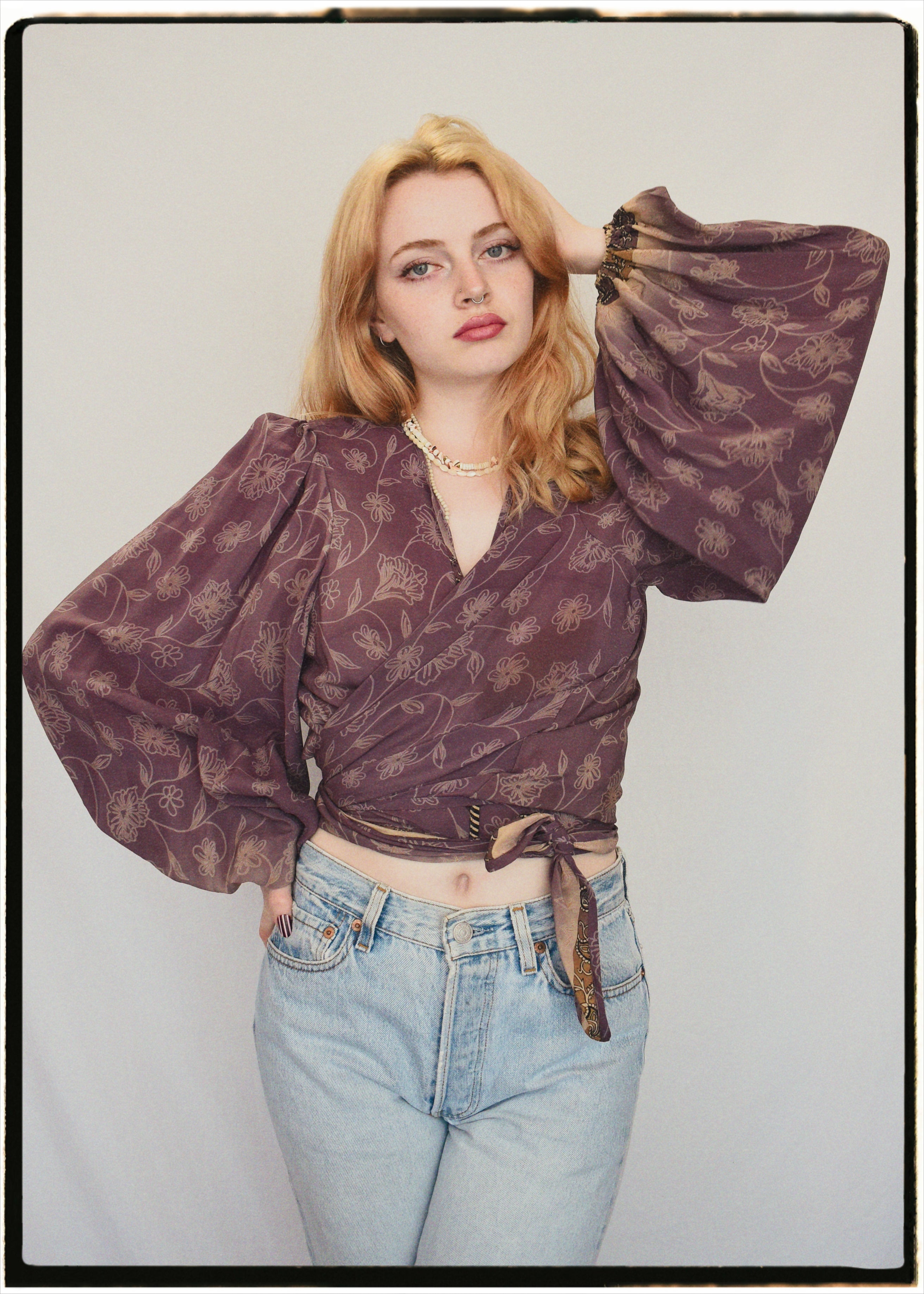 Hoya Silk Crepe Balloon Sleeve Wrap Top ~ Dusty Mauve L