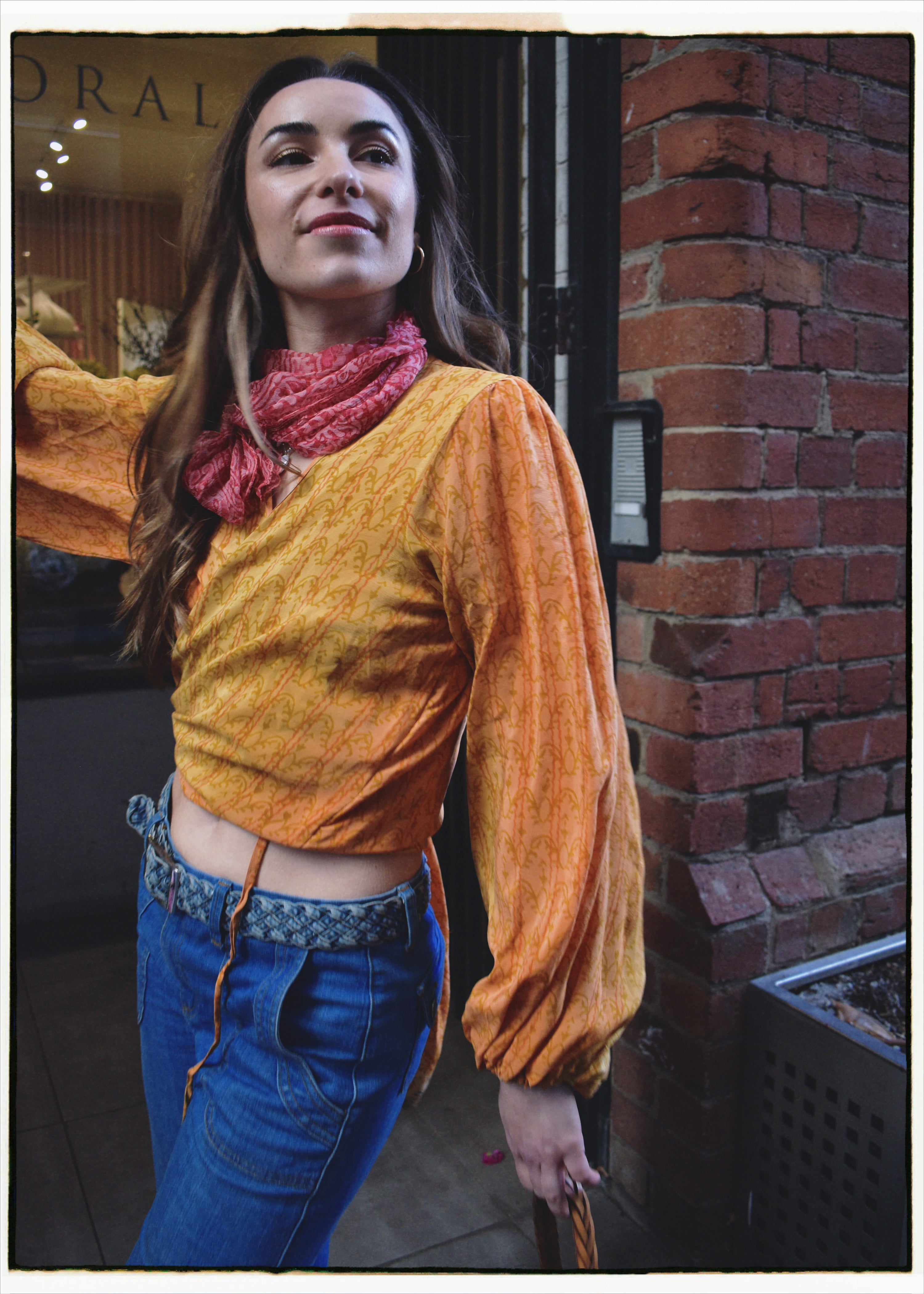 Hoya Silk Crepe Balloon Sleeve Wrap Top ~ Papaya M