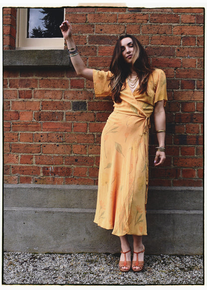 Liatris Silk Crepe Flutter Sleeve Wrap Dress ~ Buttercup M