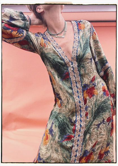 Zea Silk Crepe Kaftan Maxi Dress ~  Antique M