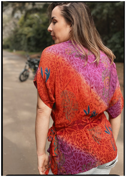 Bassia Silk Crepe Cross Tie Front Blouse ~ Atomic XL