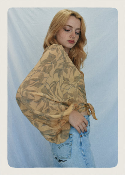 Hoya Silk Crepe Balloon Sleeve Wrap Top ~  Maize L