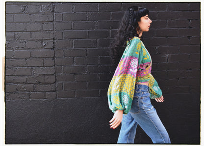 Hoya Silk Crepe Balloon Sleeve Wrap Top ~ Candy XS