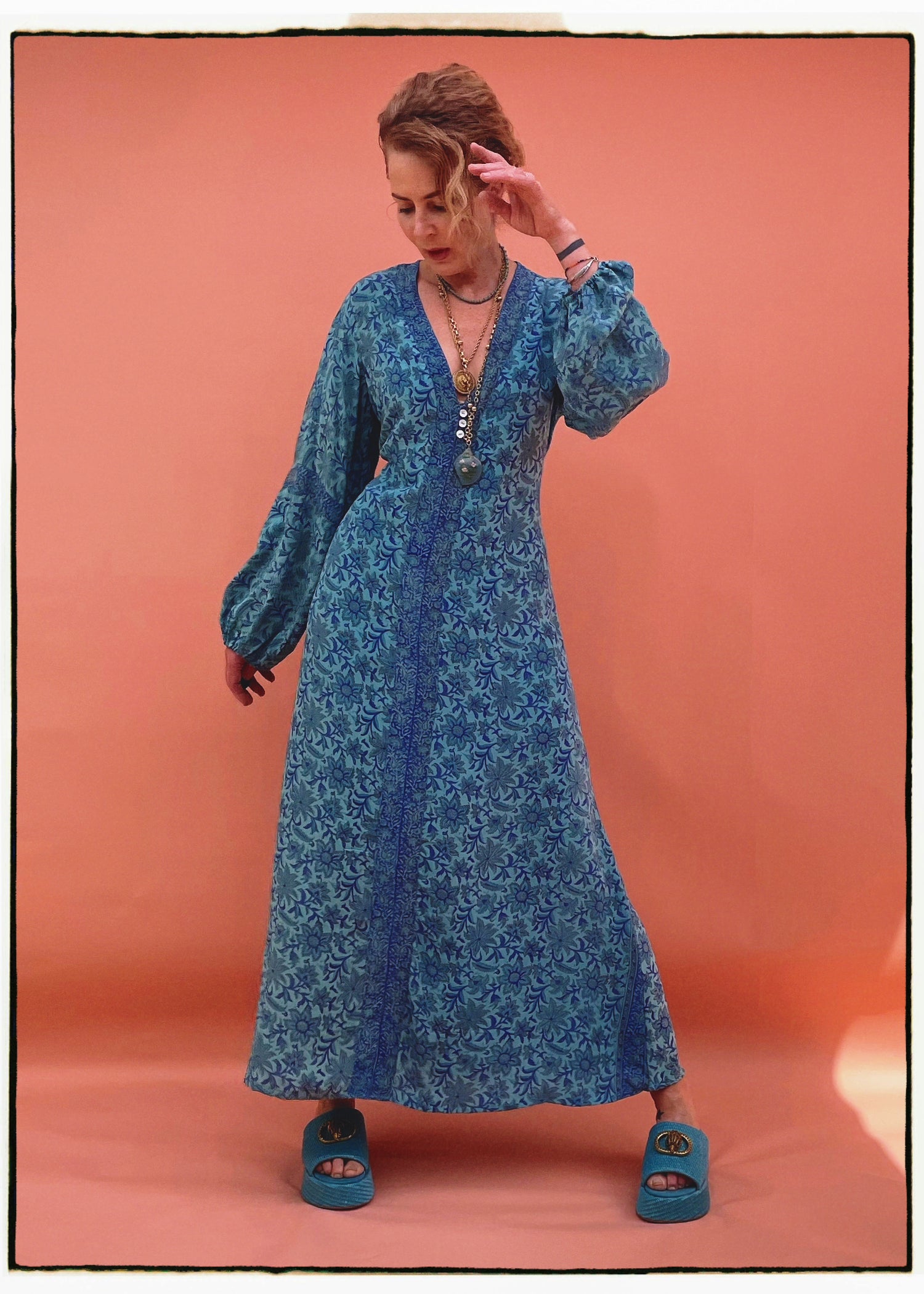 Zea Silk Crepe Kaftan Maxi Dress ~  Pacific XL
