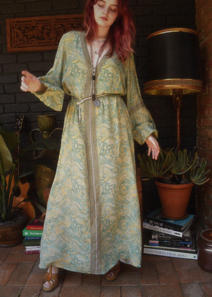 Zea Silk Crepe Kaftan Maxi Dress ~  Aqua XL