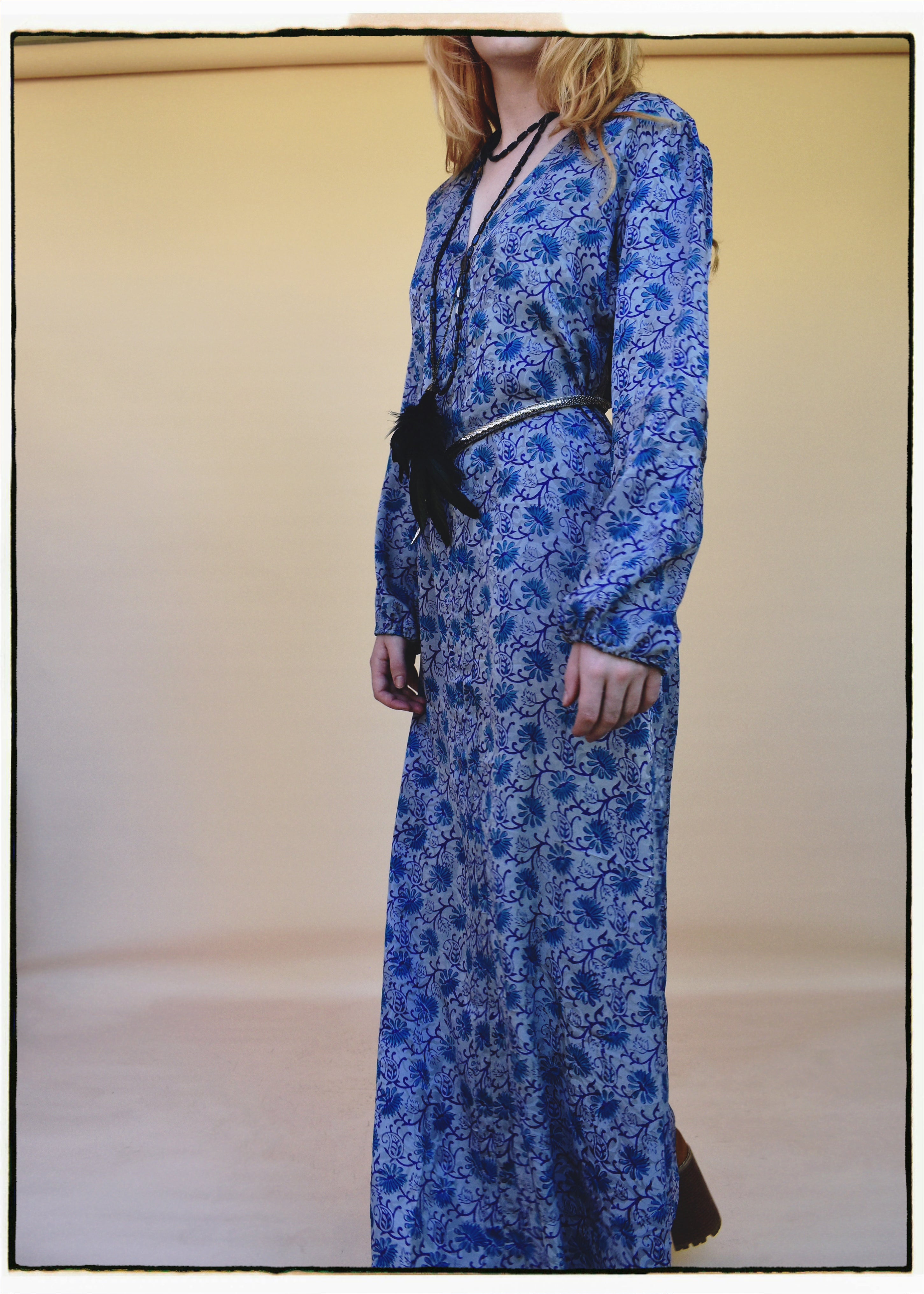 Zea Silk Crepe Kaftan Maxi Dress ~  Aquarius XS