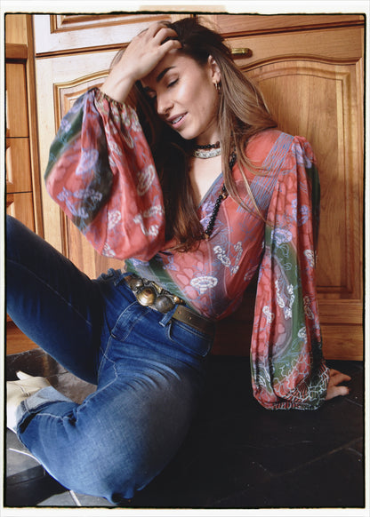 Hoya Silk Crepe Balloon Sleeve Wrap Top ~ Bittersweet L