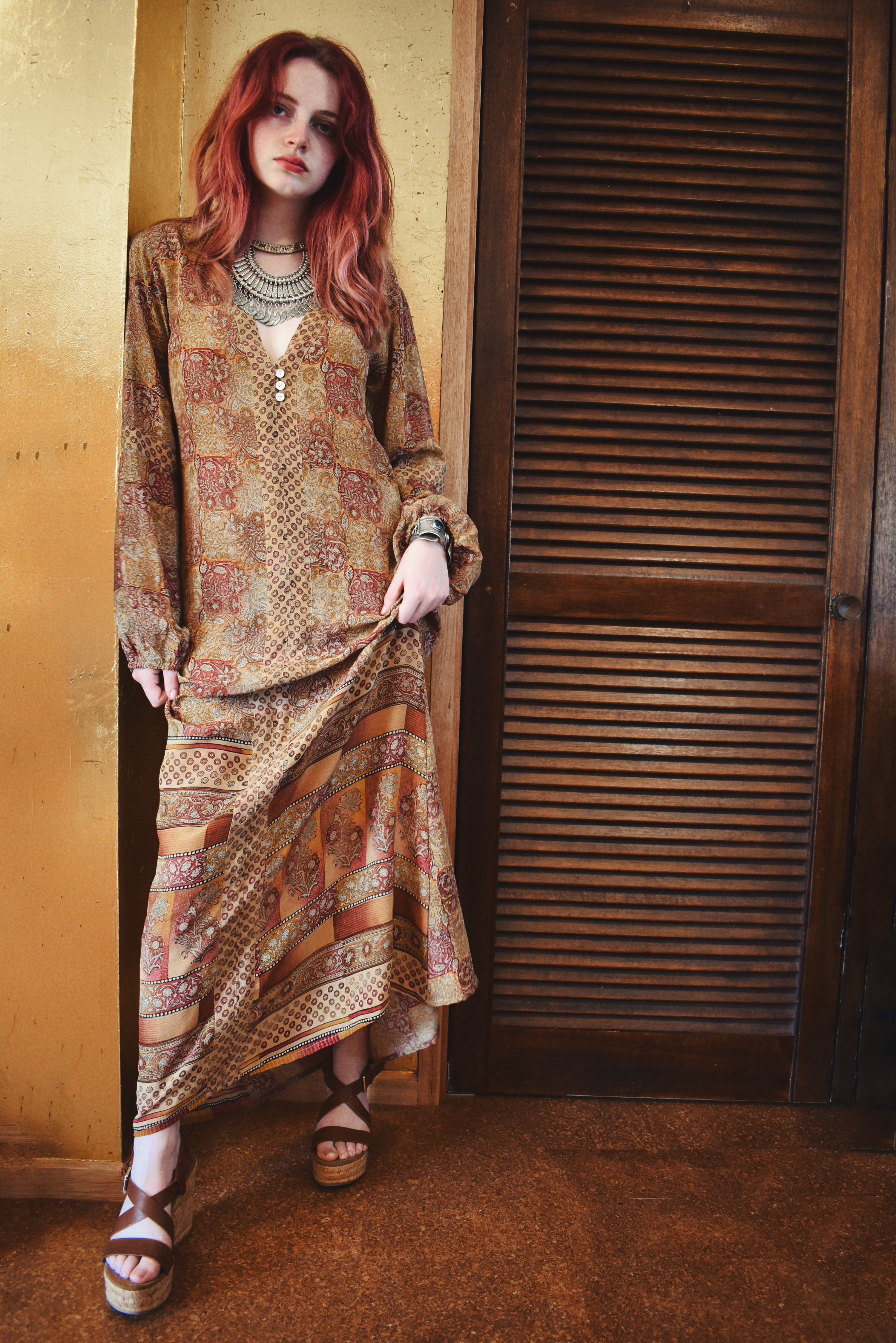 Zea Silk Crepe Kaftan Maxi Dress ~  Cameo XS