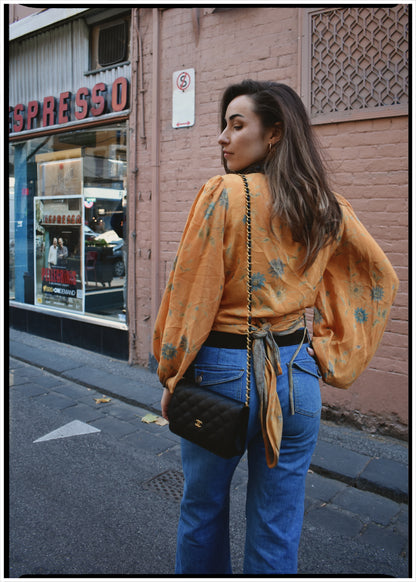 Hoya Silk Crepe Balloon Sleeve Wrap Top ~ Sunstruck S