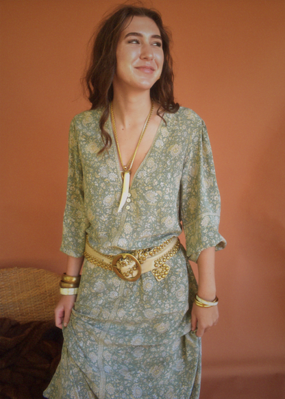 Zea Silk Crepe Kaftan Maxi Dress ~  Sea Mist M