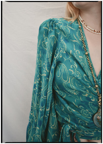 Hoya Silk Crepe Balloon Sleeve Wrap Top ~ Crystal S