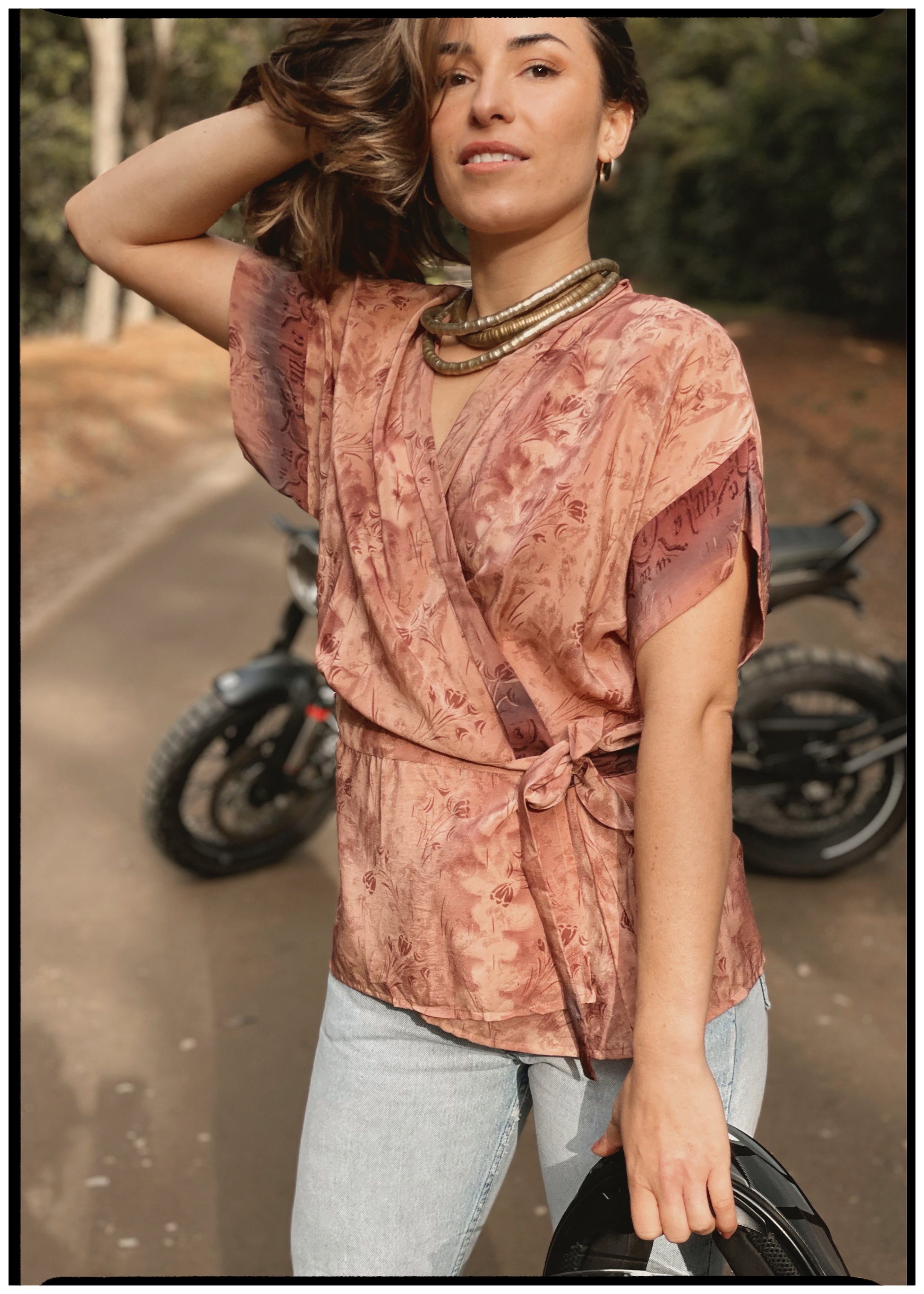 Bassia Silk Crepe Cross Tie Front Blouse ~ Mushroom L