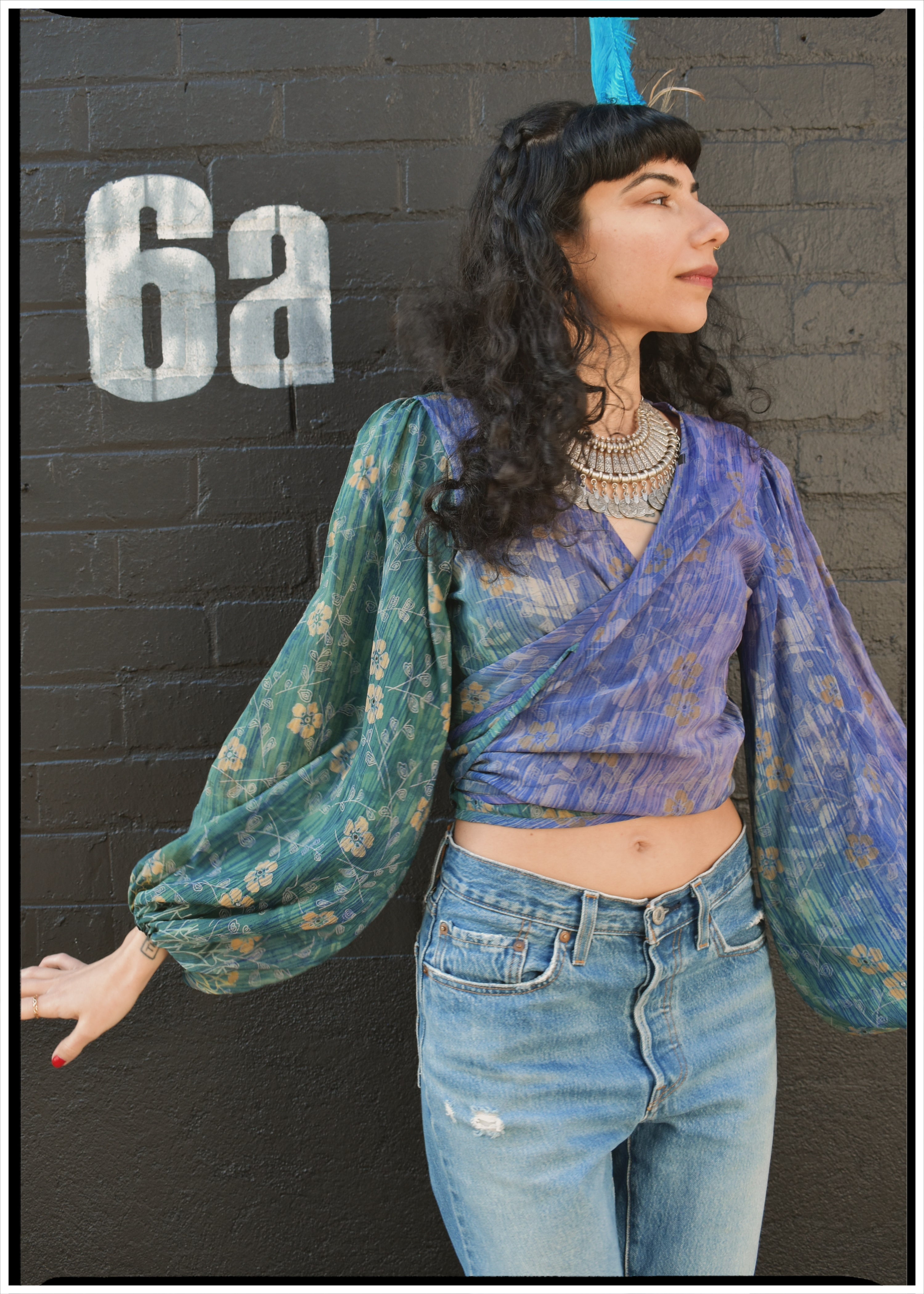 Hoya Silk Crepe Balloon Sleeve Wrap Top ~ Jacaranda XS