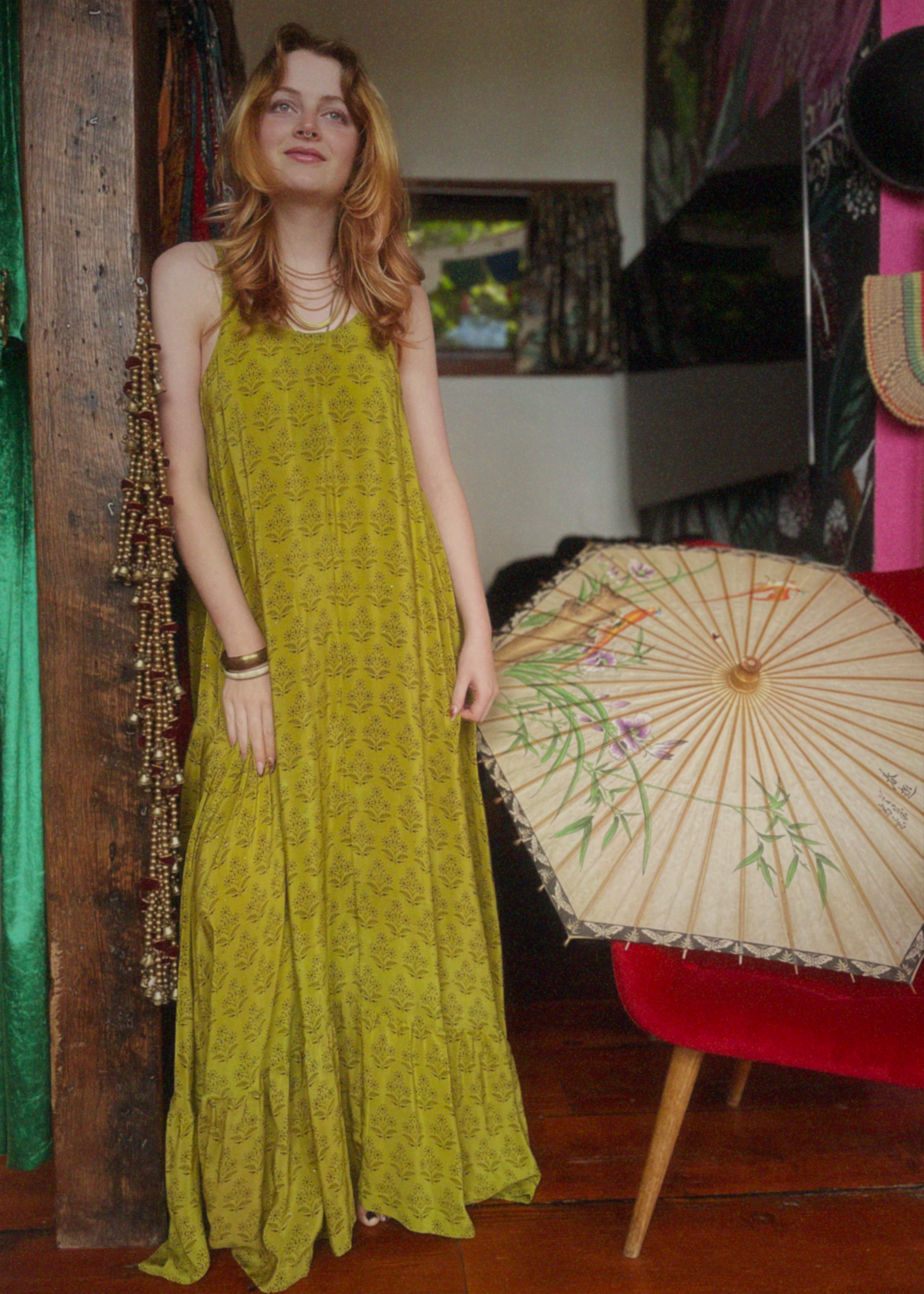 Eustoma Silk Crepe Swing Maxi Dress ~ Irish Moss XL