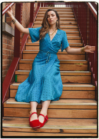 Liatris Silk Crepe Flutter Sleeve Wrap Dress ~ Algiers M