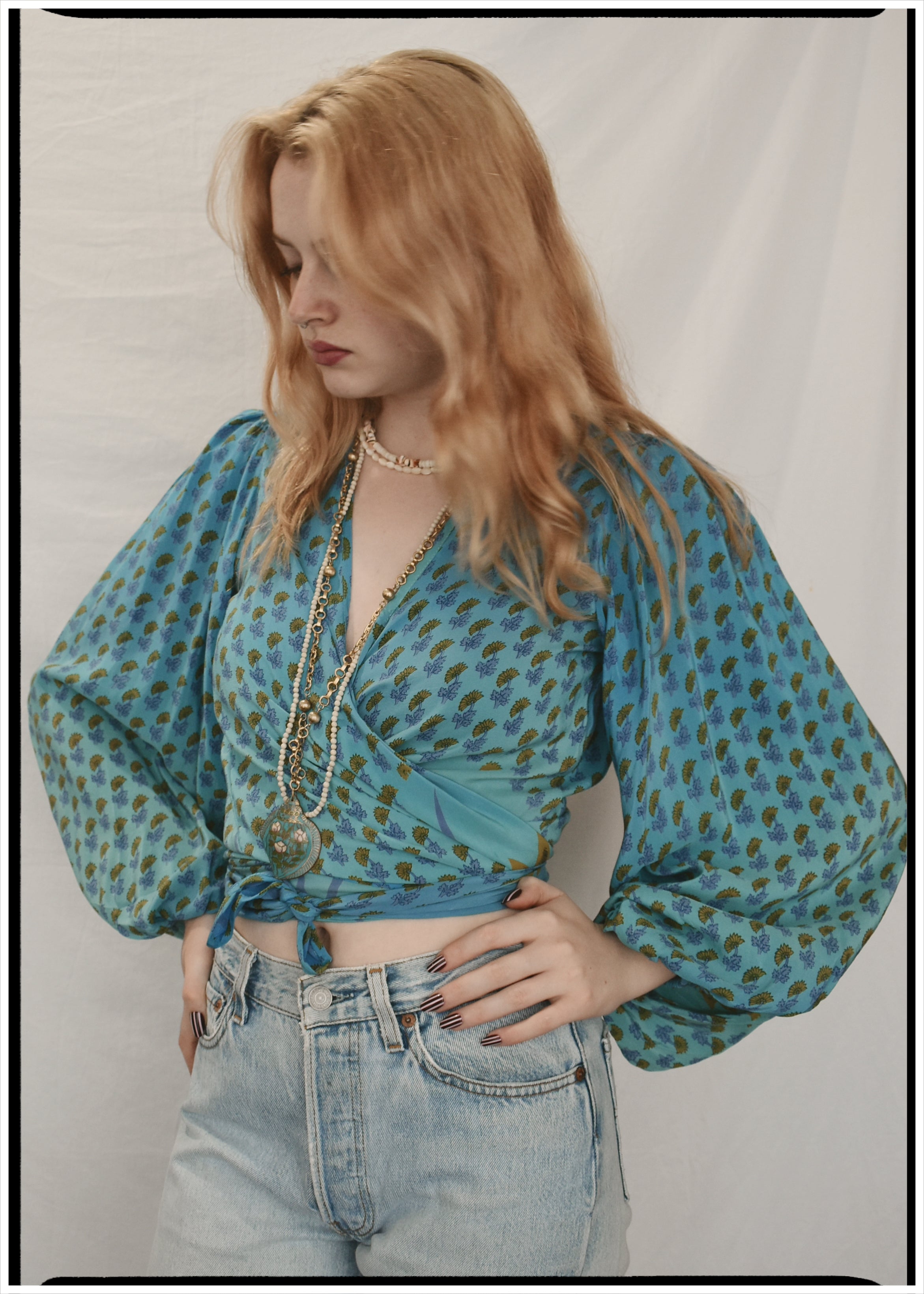 Hoya Silk Crepe Balloon Sleeve Wrap Top ~ Saxony XS