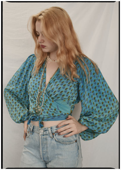 Hoya Silk Crepe Balloon Sleeve Wrap Top ~ Saxony XS