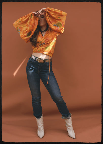 Hoya Silk Crepe Balloon Sleeve Wrap Top ~ Saffron XL