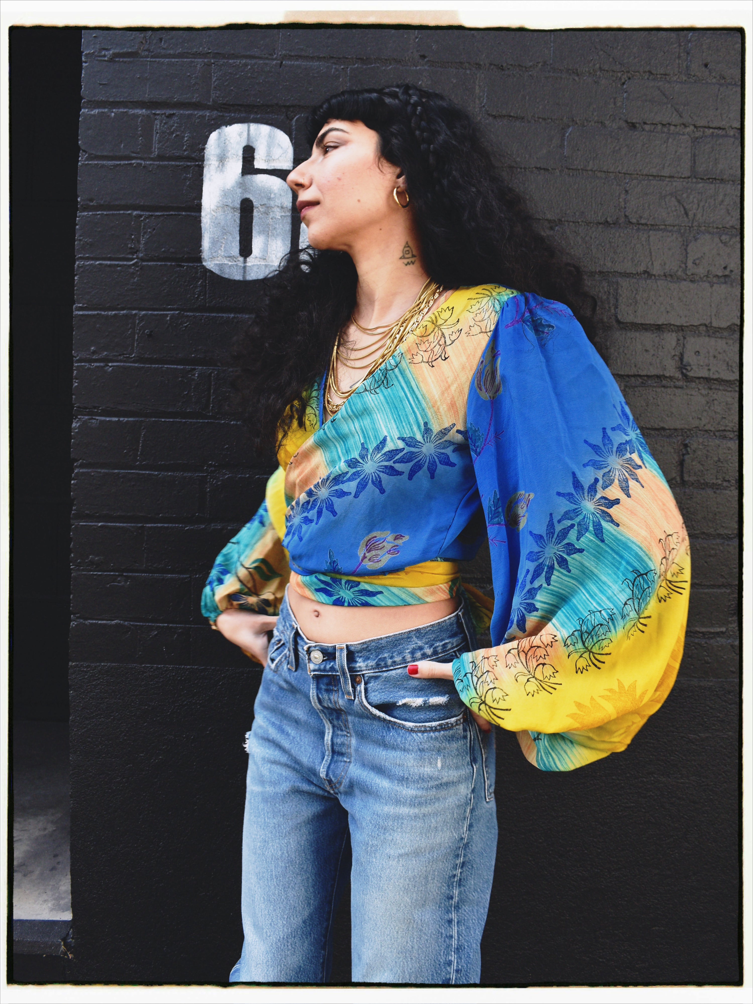 Hoya Silk Crepe Balloon Sleeve Wrap Top ~ Danube XS