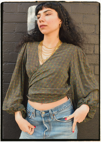 Hoya Silk Crepe Balloon Sleeve Wrap Top ~ Romeo S
