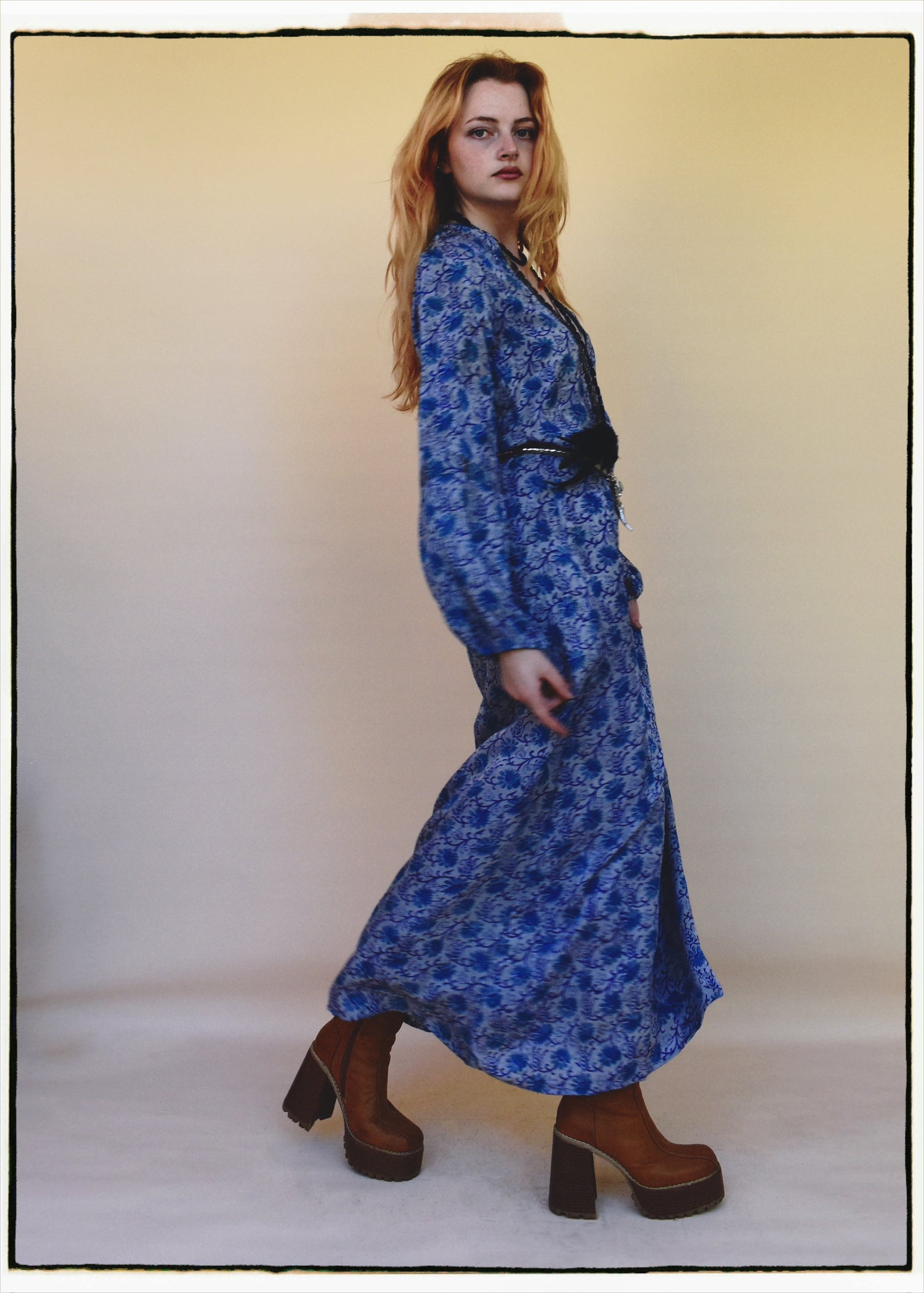 Zea Silk Crepe Kaftan Maxi Dress ~  Aquarius XS