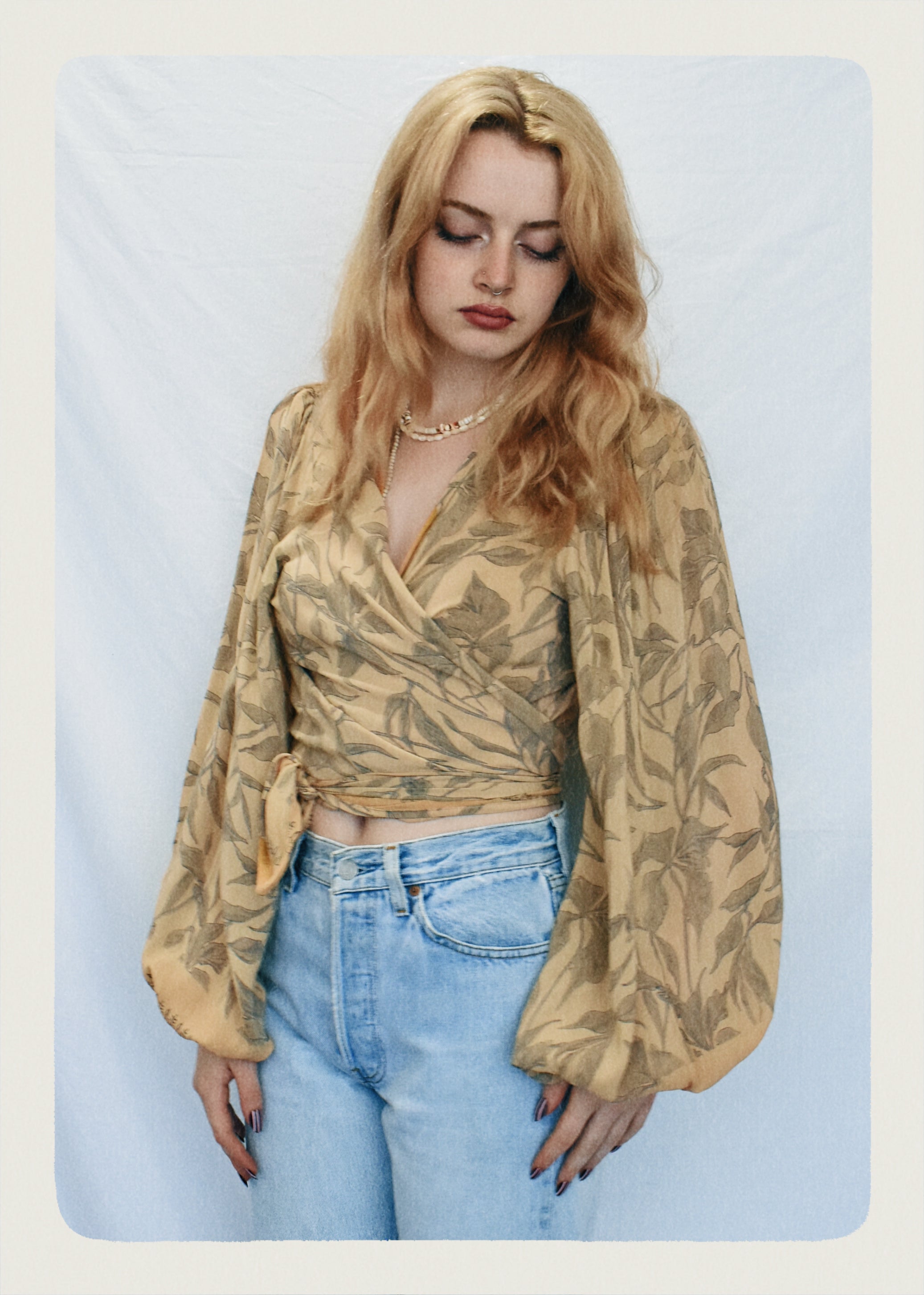 Hoya Silk Crepe Balloon Sleeve Wrap Top ~  Maize L