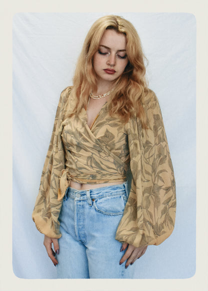 Hoya Silk Crepe Balloon Sleeve Wrap Top ~  Maize L