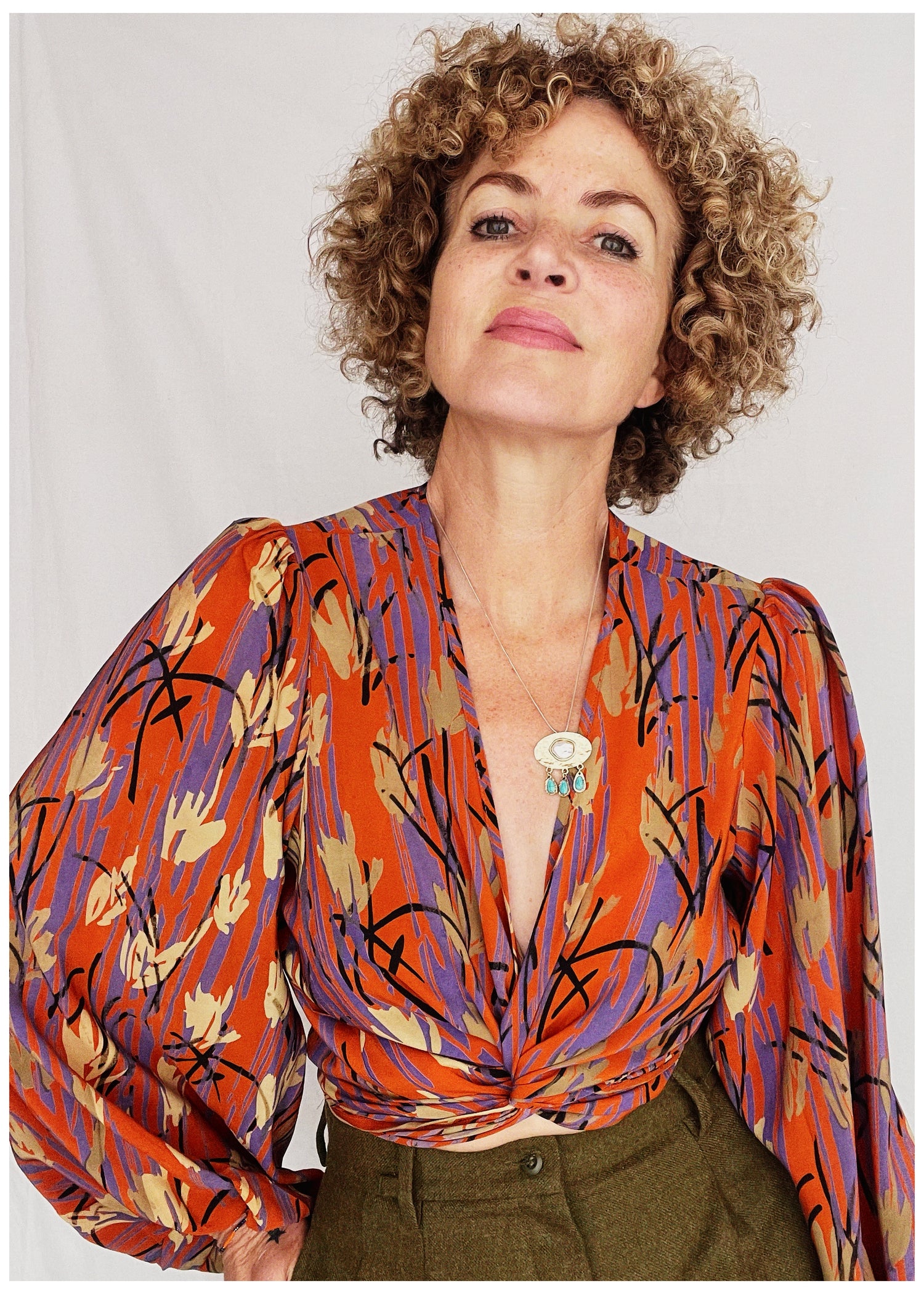 Hoya Silk Crepe Balloon Sleeve Wrap Top ~ Tangerine L