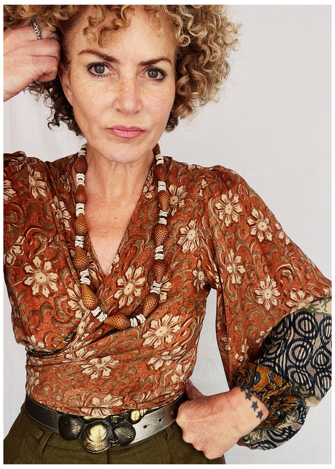 Hoya Silk Crepe Balloon Sleeve Wrap Top ~ Umber S