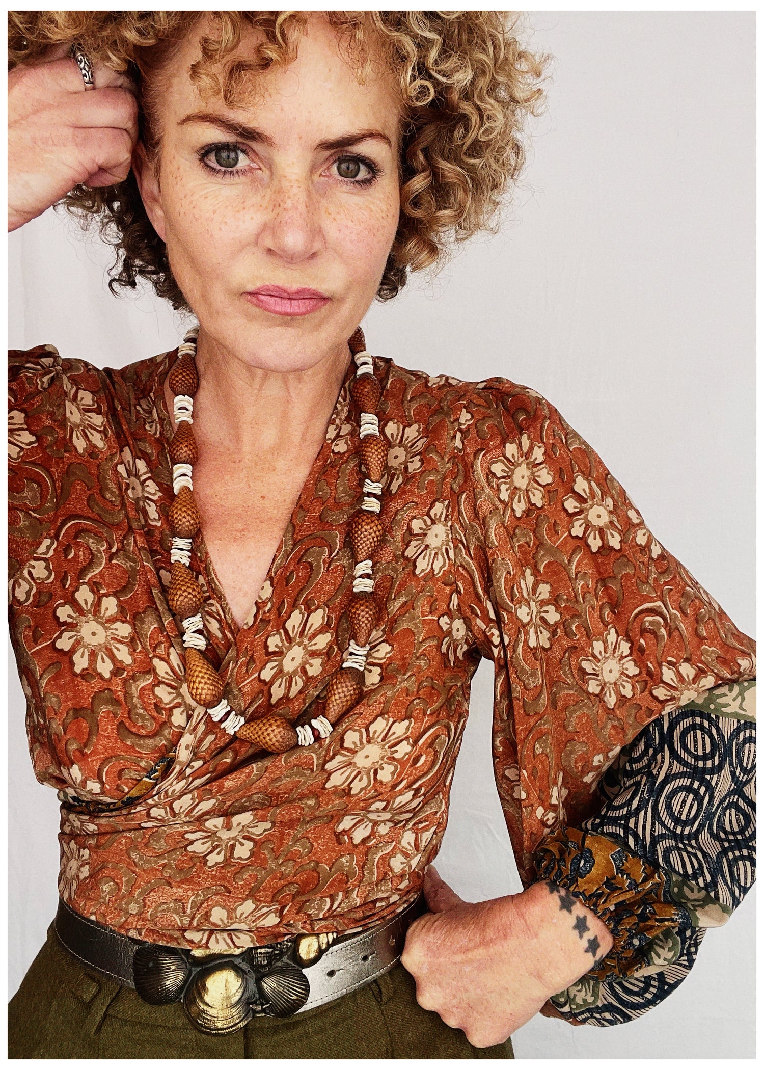 Hoya Silk Crepe Balloon Sleeve Wrap Top ~ Umber S