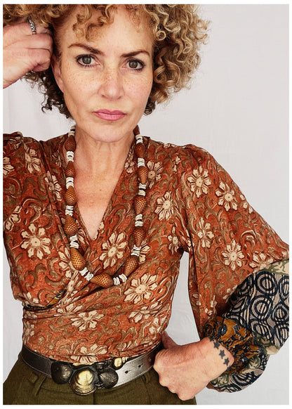 Hoya Silk Crepe Balloon Sleeve Wrap Top ~ Umber S