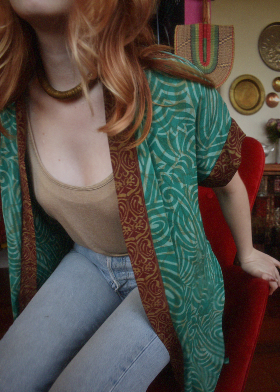 Pilea Silk Crepe Wrap Kimono Top ~ Tambourine L/XL