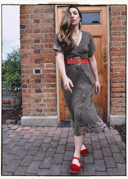 Liatris Silk Crepe Flutter Sleeve Wrap Dress ~ Licorice XS