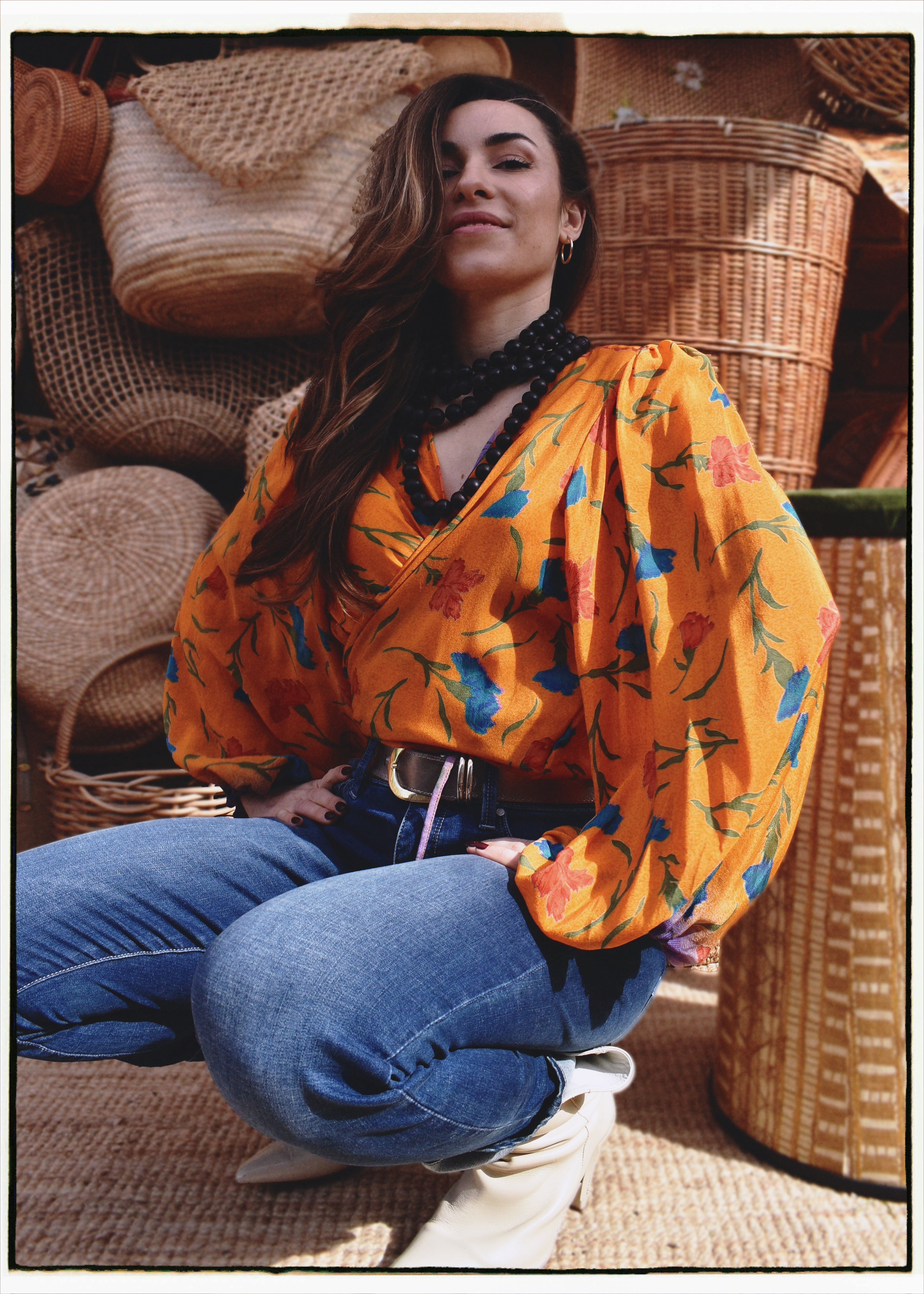 Hoya Silk Crepe Balloon Sleeve Wrap Top ~ Amberglow L