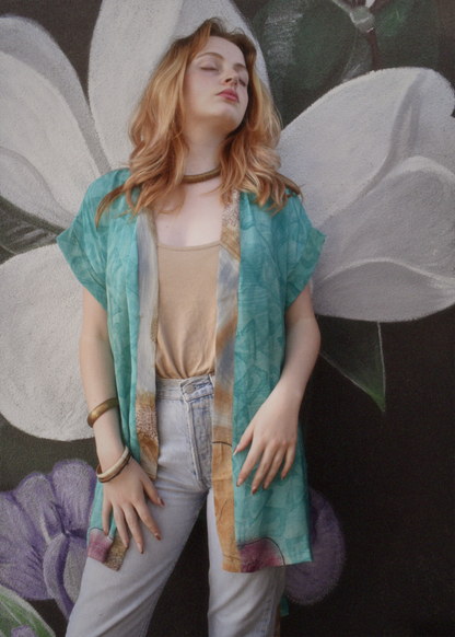 Pilea Silk Crepe Wrap Kimono Top ~ Cyan L/XL