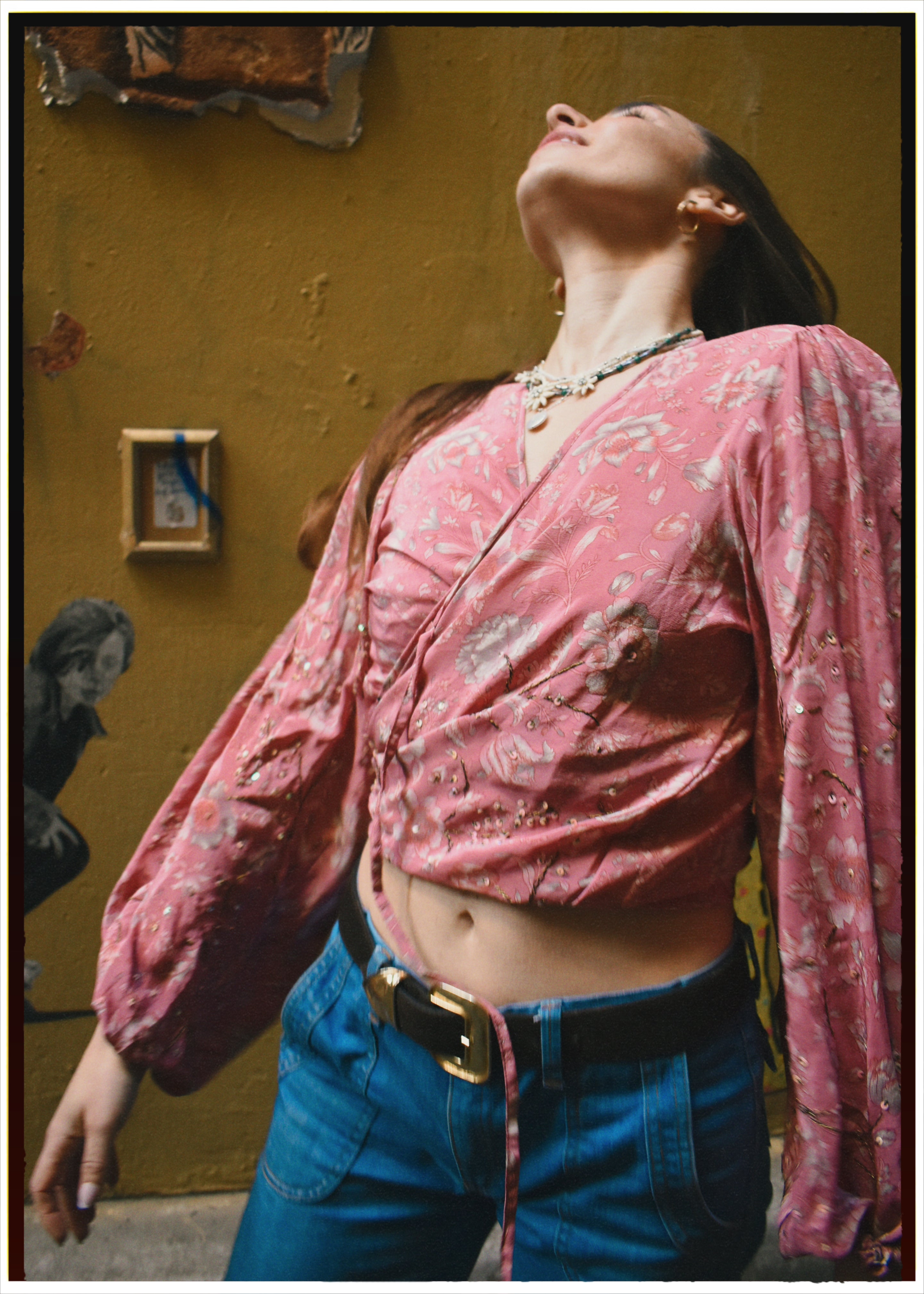 Hoya Silk Crepe Balloon Sleeve Wrap Top ~ Musk M