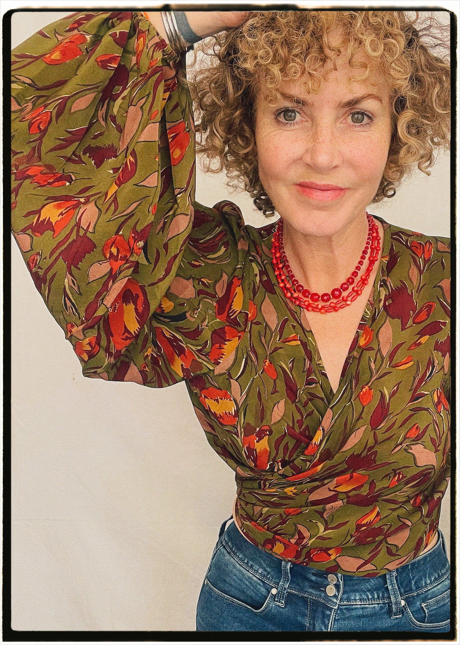Hoya Silk Crepe Balloon Sleeve Wrap Top ~ Scarab L