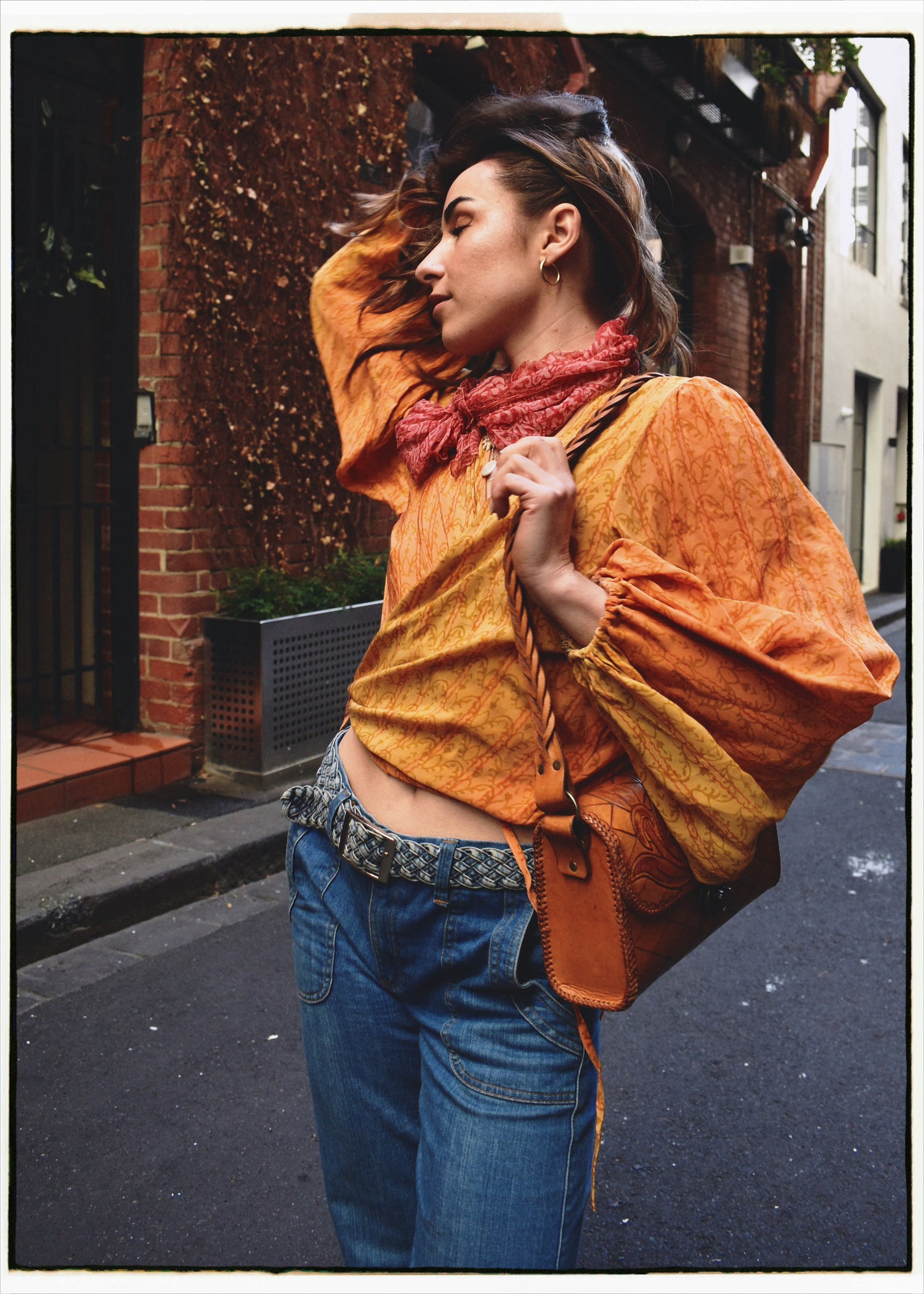 Hoya Silk Crepe Balloon Sleeve Wrap Top ~ Papaya M