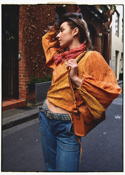 Hoya Silk Crepe Balloon Sleeve Wrap Top ~ Papaya M