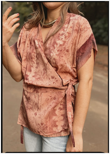 Bassia Silk Crepe Cross Tie Front Blouse ~ Mushroom L