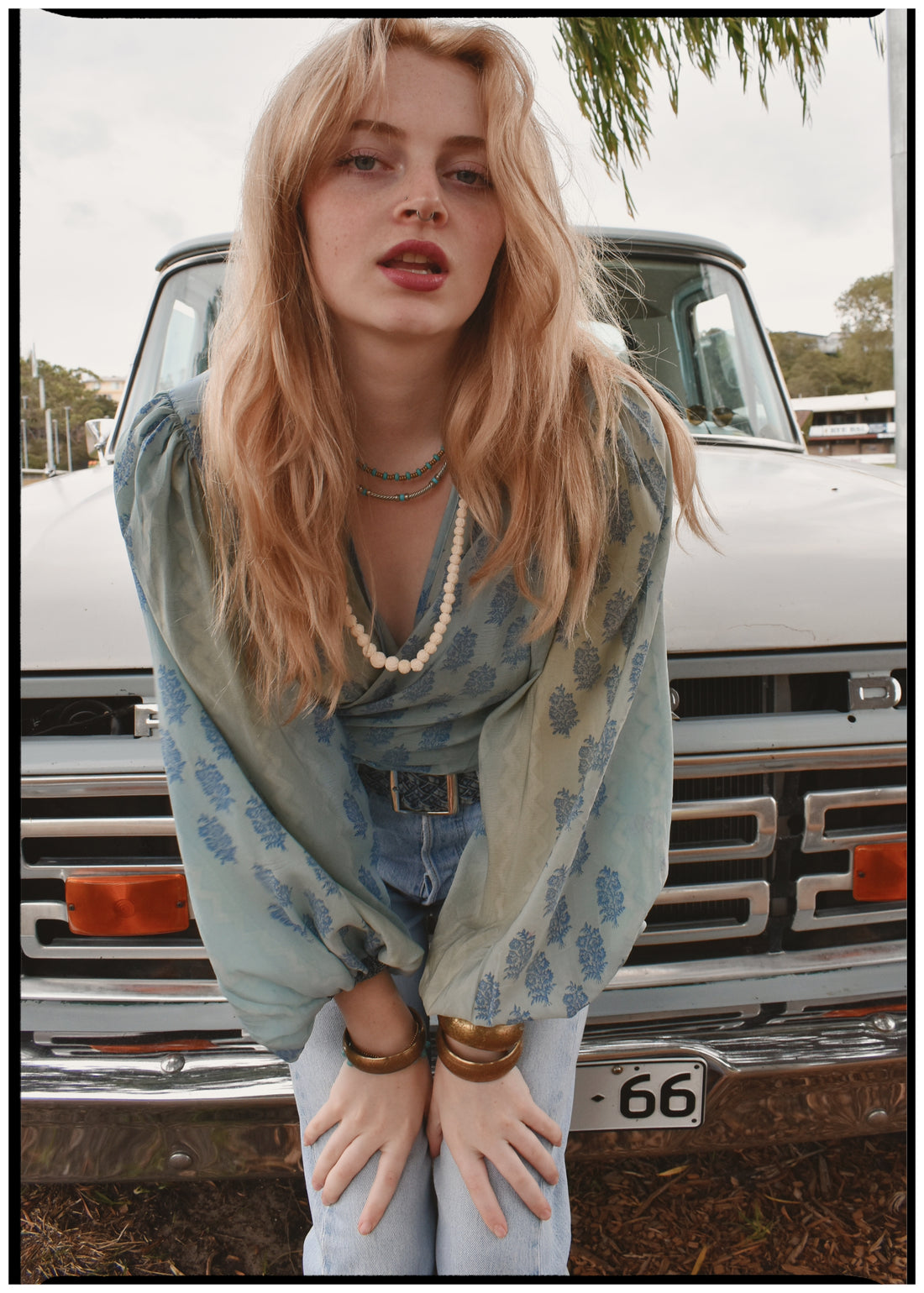 Hoya Silk Crepe Balloon Sleeve Wrap Top ~ Powder M