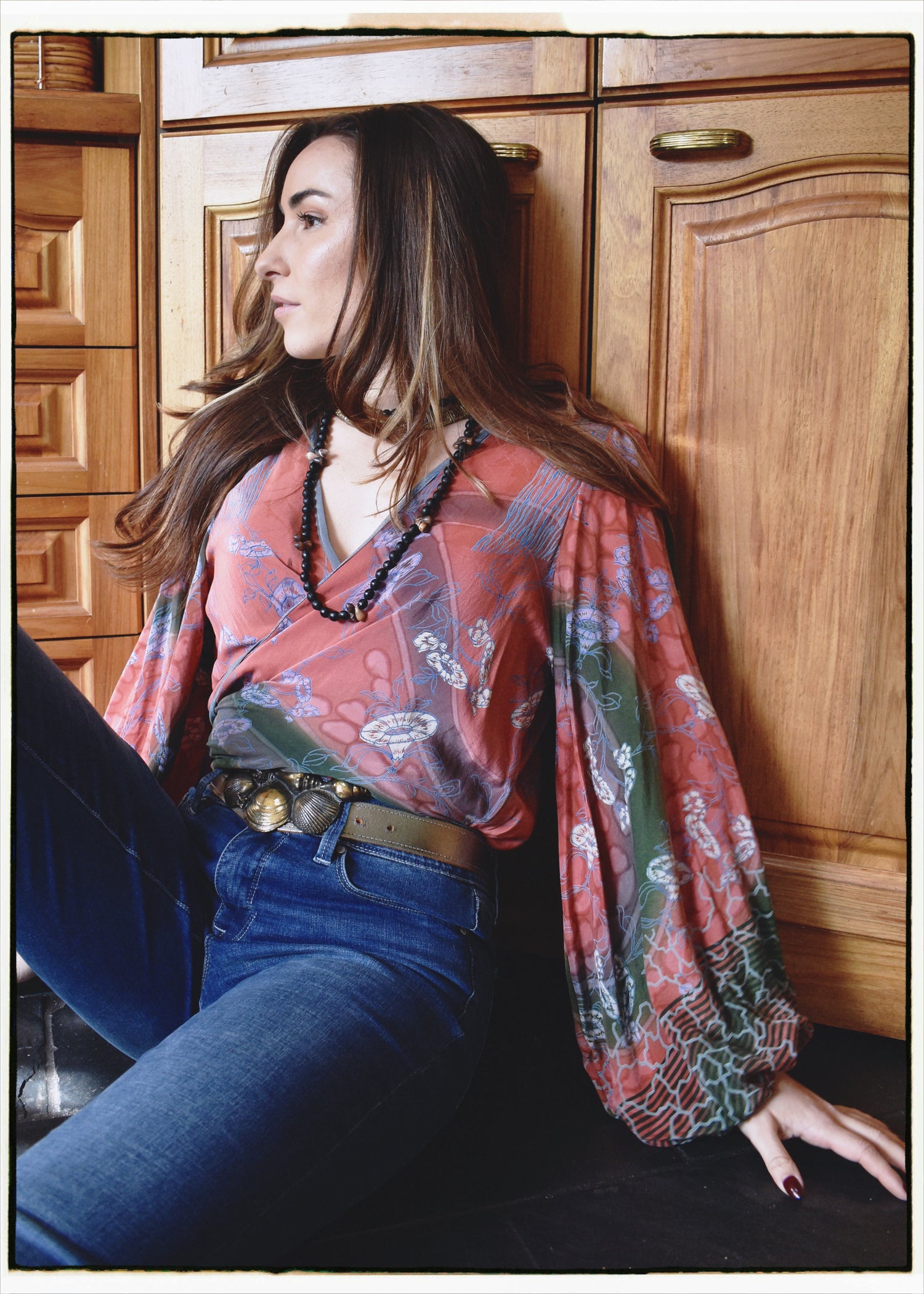 Hoya Silk Crepe Balloon Sleeve Wrap Top ~ Bittersweet L