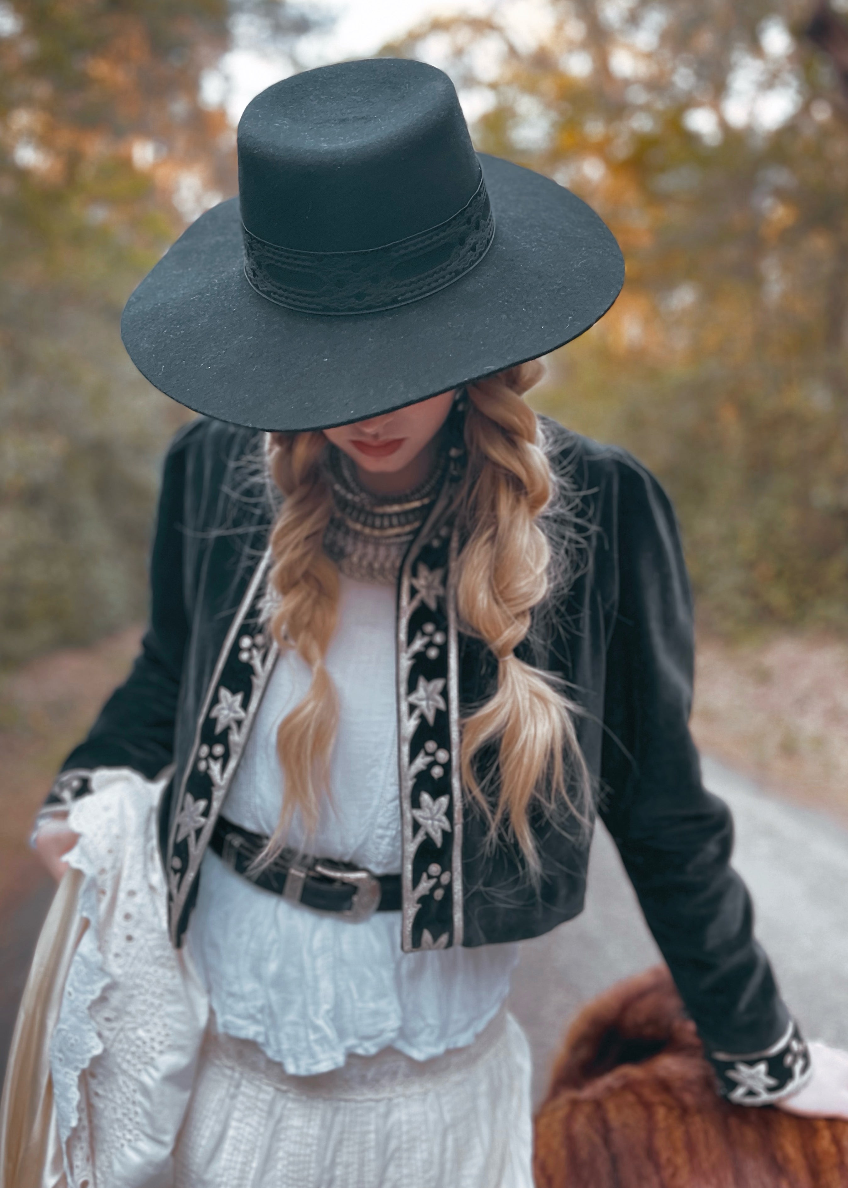 Black cotton velvet cropped jacket bolero with silver leather appliqué detail. Vintage, bohemian inspired. Western Cowgirl. Chasing Unicorns. Spell and the Gypsy Collective. The Outlaw Dame