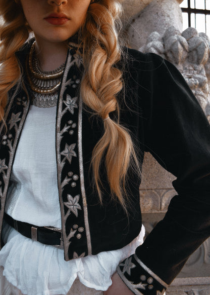 Black cotton velvet cropped jacket bolero with silver leather appliqué detail. Vintage, bohemian inspired. Western Cowgirl. The Outlaw Dame