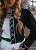 Black cotton velvet cropped jacket bolero with silver leather appliqué detail. Vintage, bohemian inspired. Western Cowgirl. The Outlaw Dame
