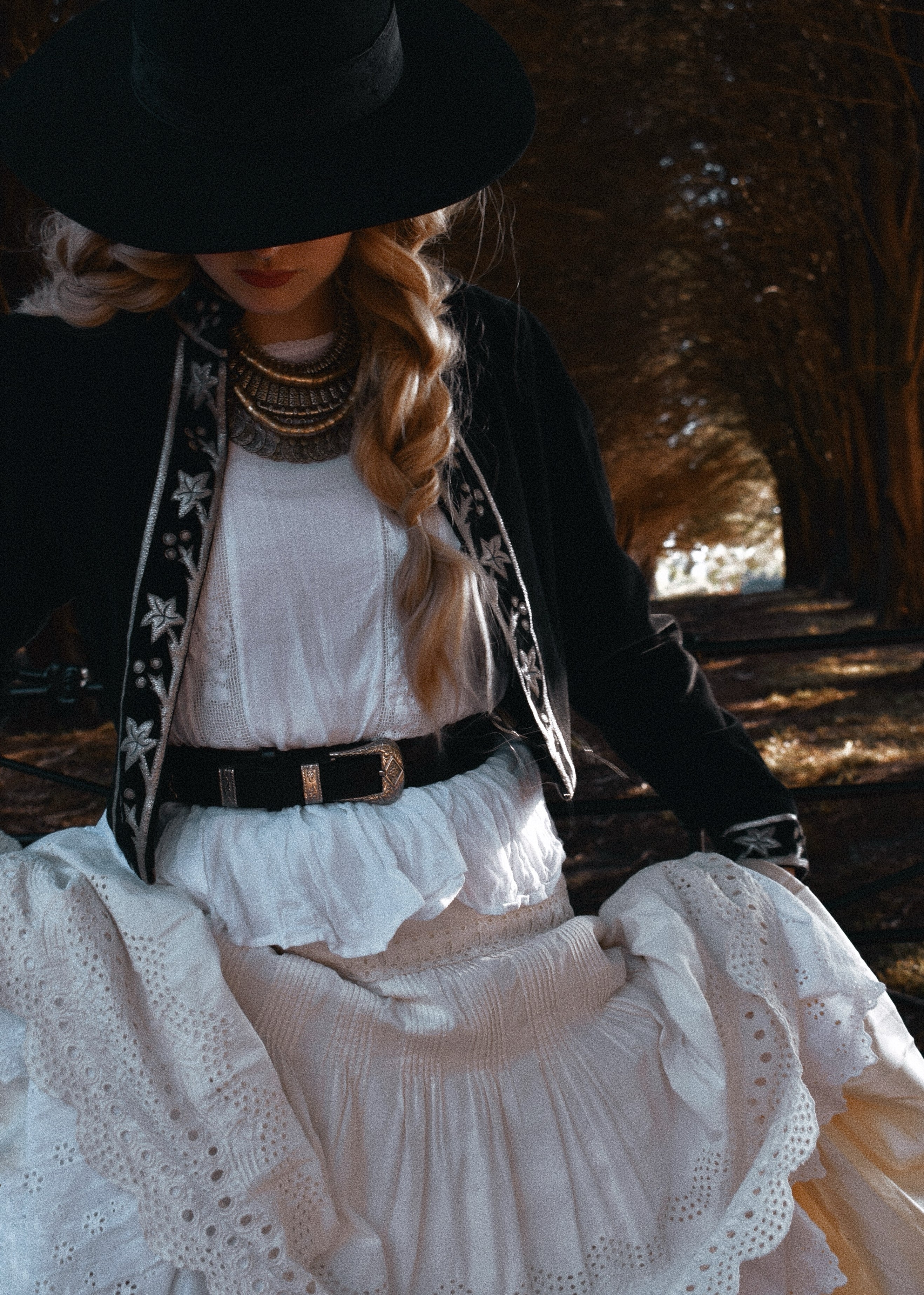 Black cotton velvet cropped jacket bolero with silver leather appliqué detail. Vintage, bohemian inspired. Western Cowgirl. Chasing Unicorns. Spell and the Gypsy Collective. The Outlaw Dame