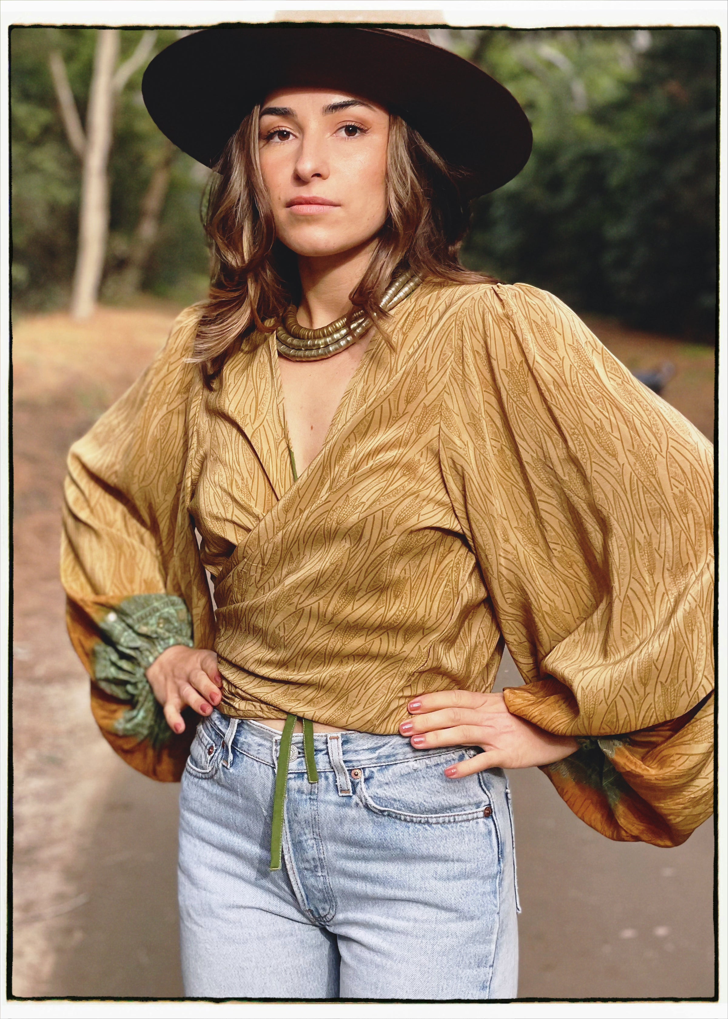Hoya Silk Crepe Balloon Sleeve Wrap Top ~ Tawny XL